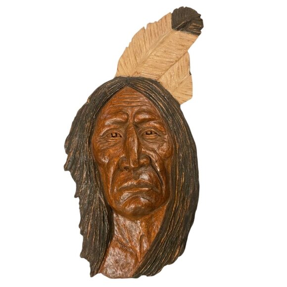 Carved Wooden Native American Chief Wall Art 11.5 Inch Signed Sculpture Carving - Picture 1 of 16